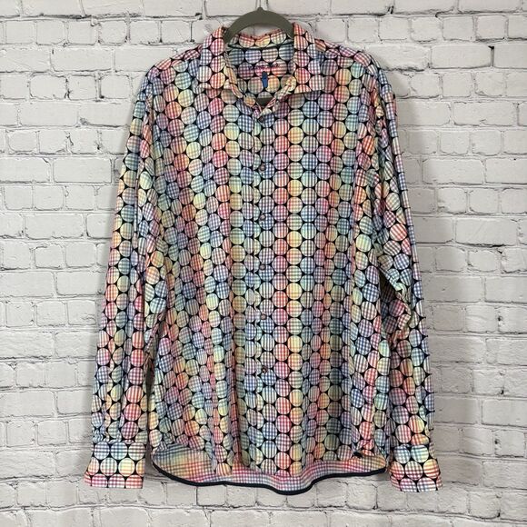 Luchiano Visconti Black Men XL Long Sleeve Shirt Multicolor Striped with Circles - Picture 1 of 13